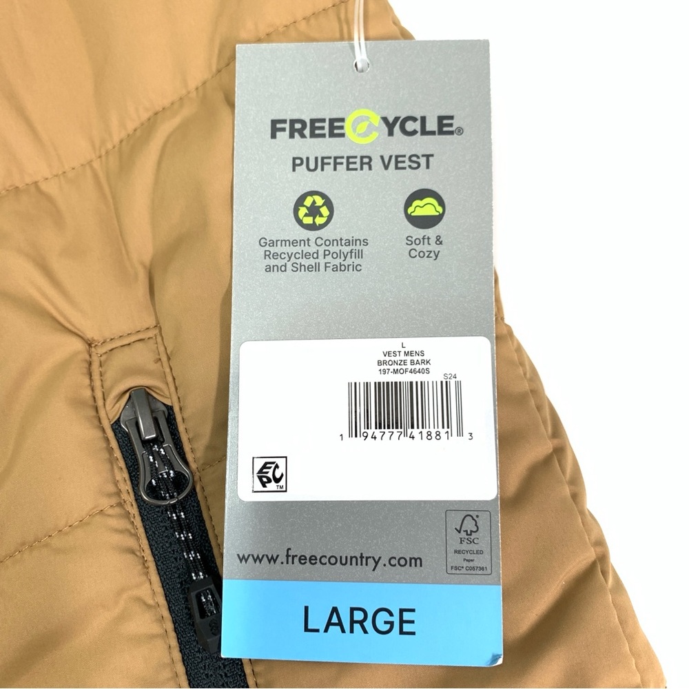 Men’s Free Country Puffer Vest Size L Bronze Bark Zippered Pockets Stand Collar - Picture 8 of 9